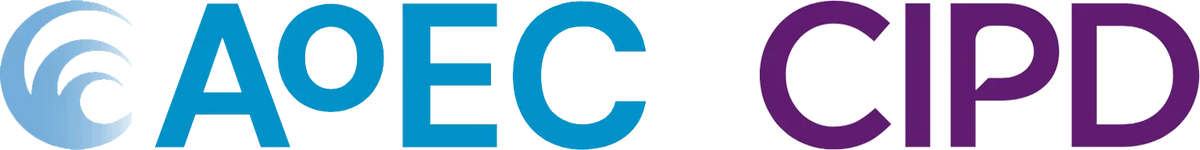 The logo for the AoEC CIPD, featuring the letters 'AoEC' in bright blue with a circular wave graphic in light blue on the left, and 'CIPD' in purple on the right, set against a solid white background.