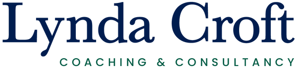 The logo for Lynda Croft Coaching & Consultancy, featuring the name 'Lynda Croft' in a dark navy serif font, with 'COACHING & CONSULTANCY' written below in a smaller teal sans-serif font, set against a solid white background.
