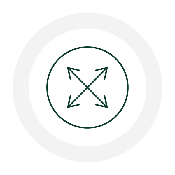 Dark green expand icon with four arrows pointing outwards in a white circle.