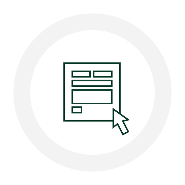 Dark green line icon of a web form with a cursor arrow on a white circular background.