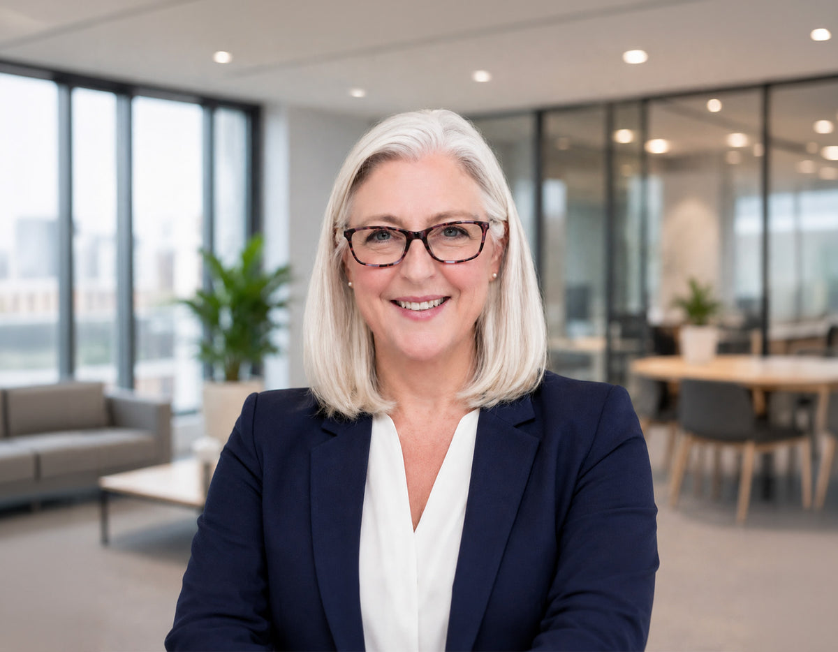 Professional portrait of Lynda Croft, an executive coach, in a modern office setting.