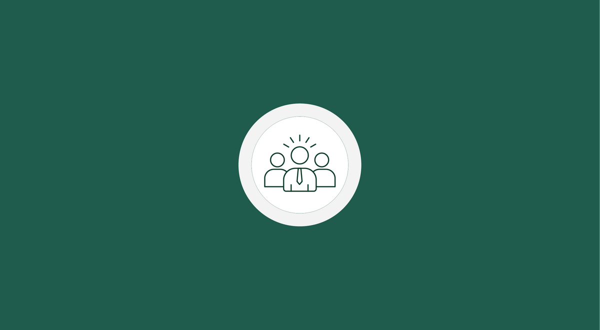 White icon of a leadership team silhouette on a dark green background.