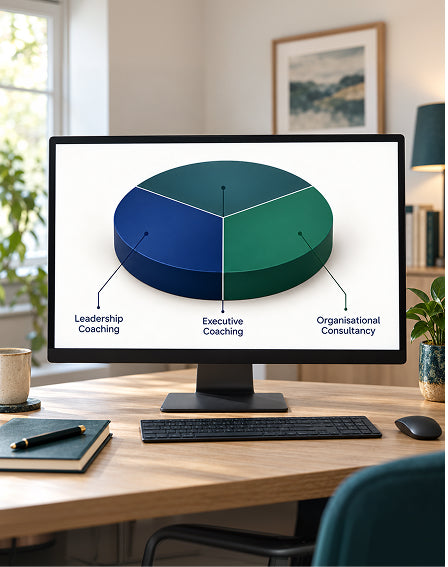 Computer monitor displaying a 3D pie chart for leadership coaching and organisational consultancy.
